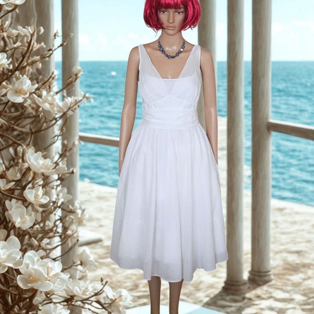 🤍100%Cotton Sheer White Sweetheart Neck Sundress With A Bow